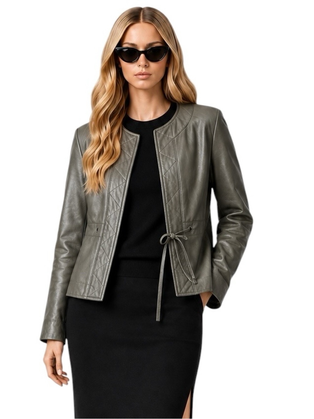 MaxMara Collarless Drawstring Leather Jacket Olive Green/Grey Undertones Size 12